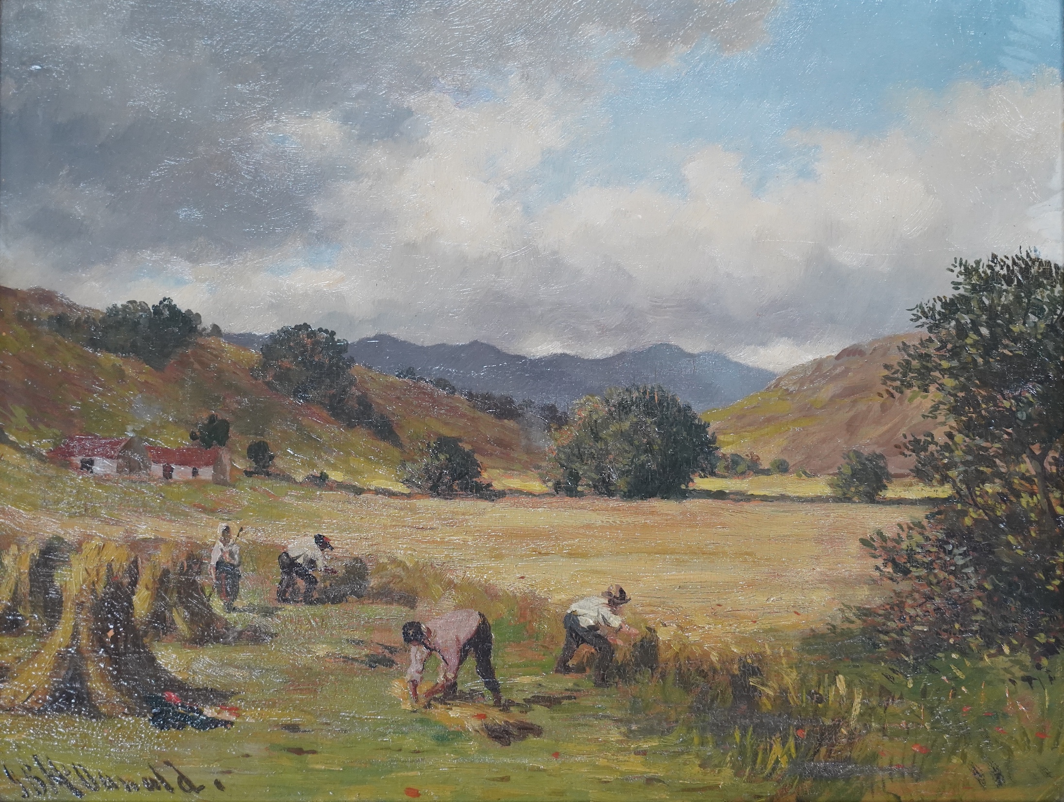 John Blake McDonald (1829-1901), oil on board, Figures haymaking, signed, 25 x 34cm